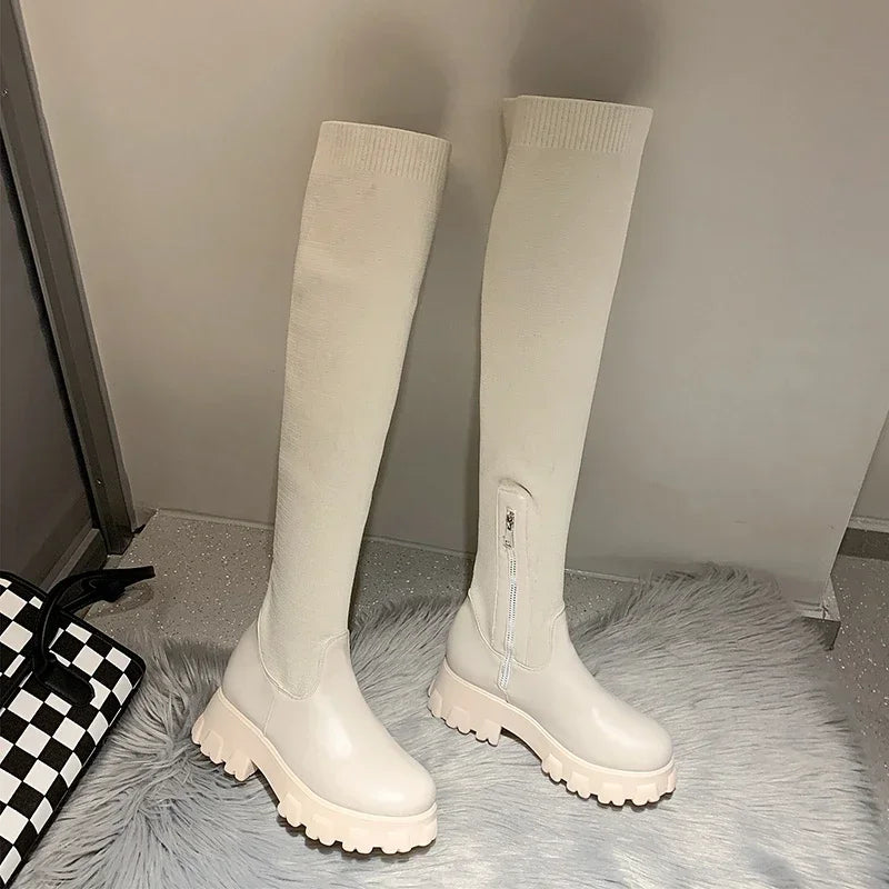 Women's black knee-high boots chunky sole street style bold silhouette all-day comfort