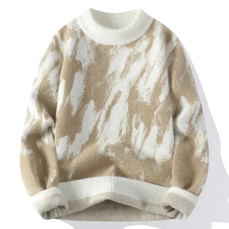 Women's brushed knit crew neck sweater abstract pattern ribbed trim cozy soft texture