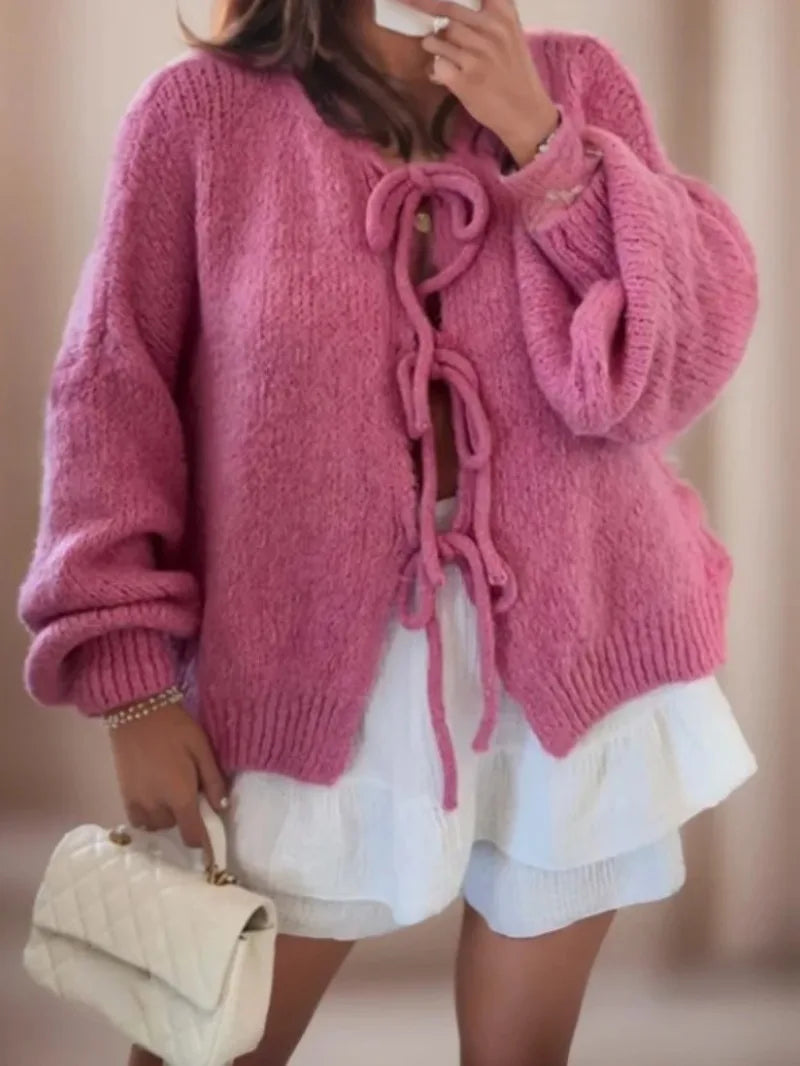 Women's cozy knit cardigan boho style loose silhouette with charming bow tie closure