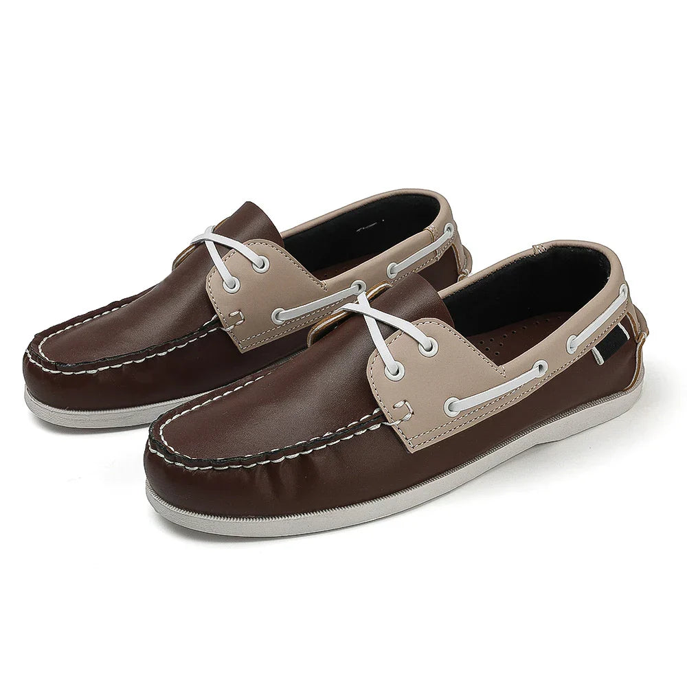 Men's two-tone navy synthetic leather slip-on boat shoes with cushioned EVA foam sole
