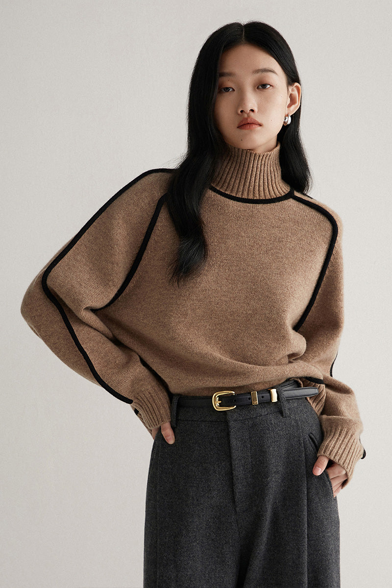 Ivory knitted turtleneck sweater relaxed fit with bold contrast seams cozy soft knit office weekend