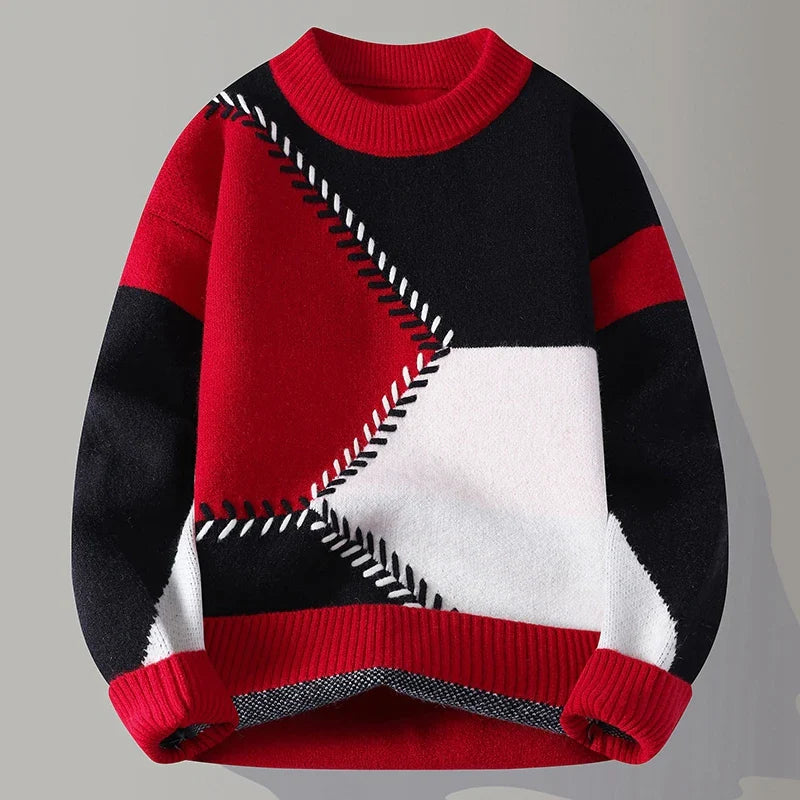 Colorblock stitch knit sweater in bold geometric blocks, casual relaxed fit with soft contrast texture