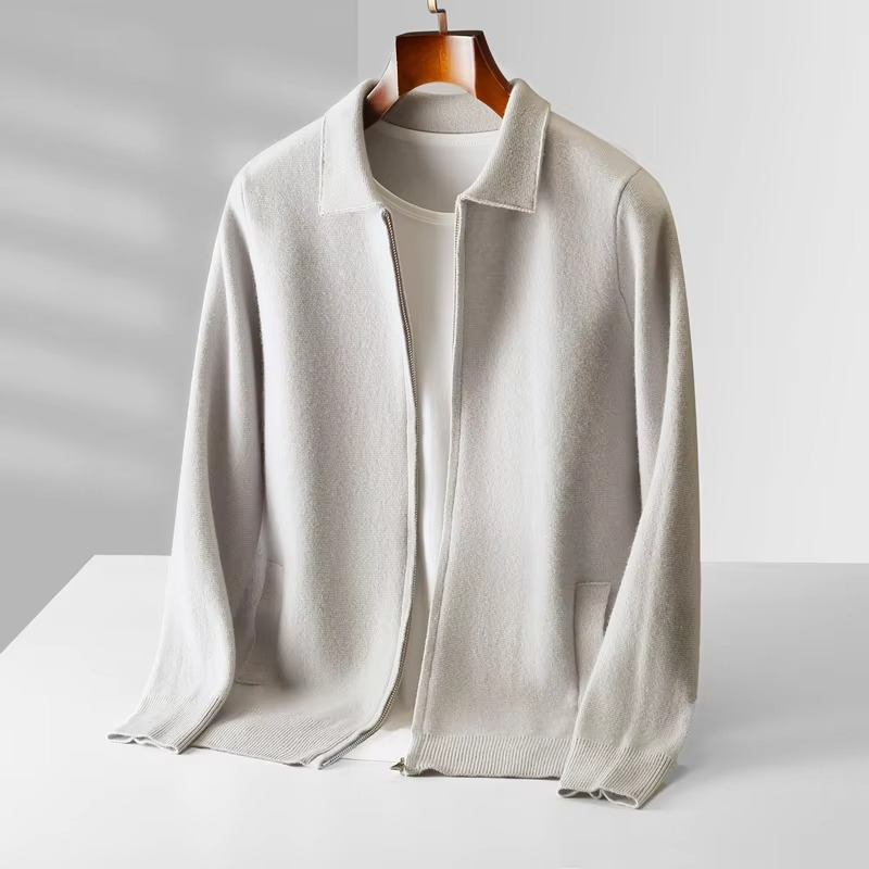 Men's charcoal wool cardigan sweater classic knit lapel tailored slim-fit timeless style
