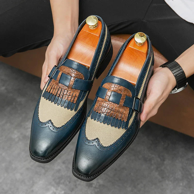 Men's premium leather brogue slip-on dress shoes with decorative fringe tassel and cushioned insole