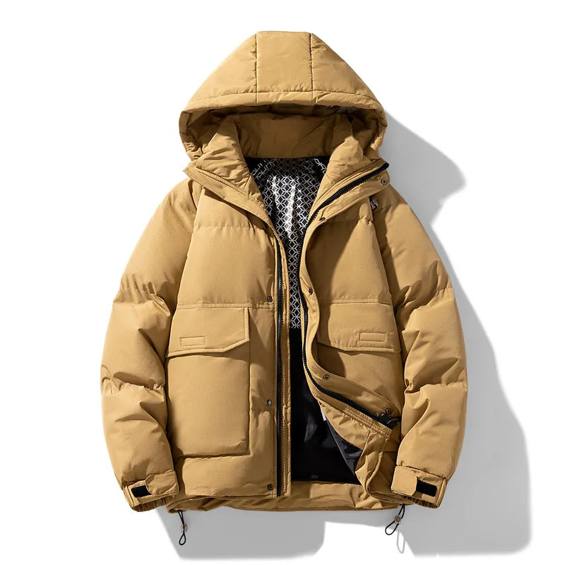 Men's black waterproof hooded winter jacket windproof slim fit durable all-weather outerwear