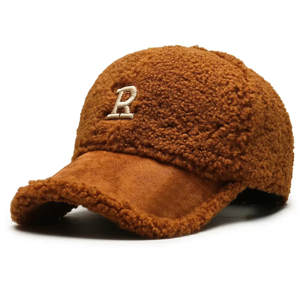 Beige fleece baseball cap with contrasting brim and embroidered detail, cozy casual unisex style