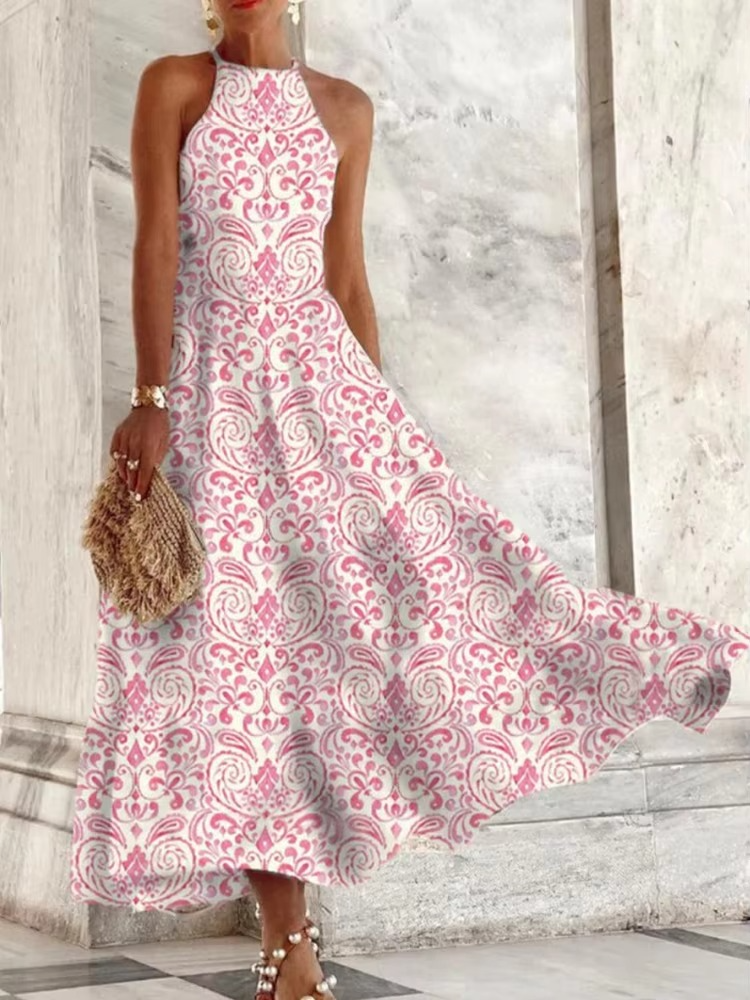Women's sleeveless halter maxi dress lightweight elegant silhouette with backless design for summer
