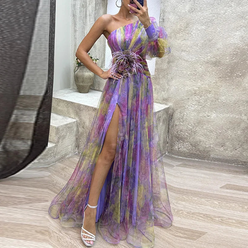 Floral tulle off-shoulder gown with airy layered skirt, fitted bodice, perfect for spring weddings