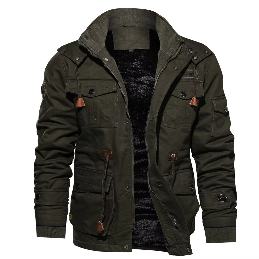 Men's black fleece-lined hooded cargo jacket with windproof exterior and multiple utility pockets