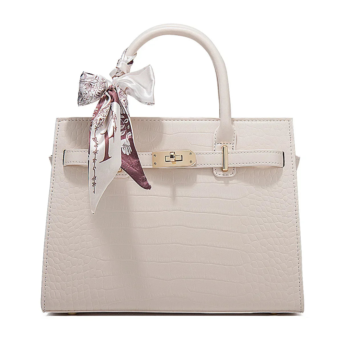 Midi structured vegan leather croc-embossed handbag in neutral tone with silk scarf accent and gold buckle