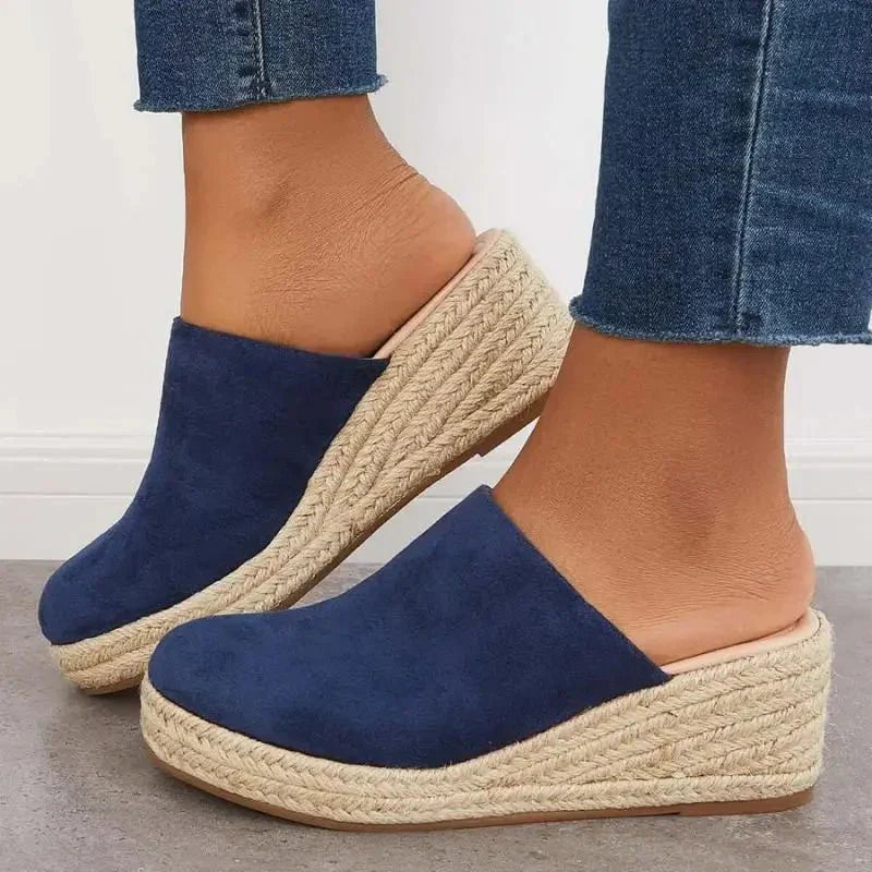 Women's casual wedge mule sandals slip-on style with braided platform sole and cushioned footbed