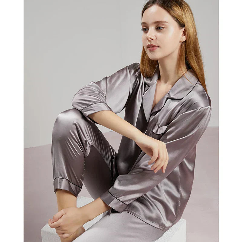Black pure silk women's pajama set loose fit sleepwear with elegant luxurious natural drape
