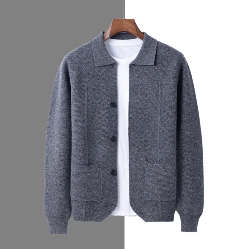 Men's merino wool polo neck sweater, sporty tailored fit with ribbed cuffs, soft breathable layering essential