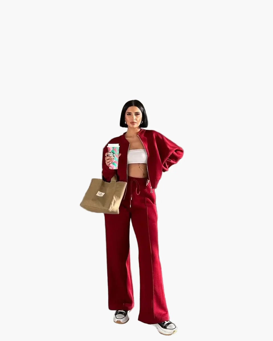 Women's oversized casual two-piece set wide pants zip-up jacket urban streetwear minimalist fit