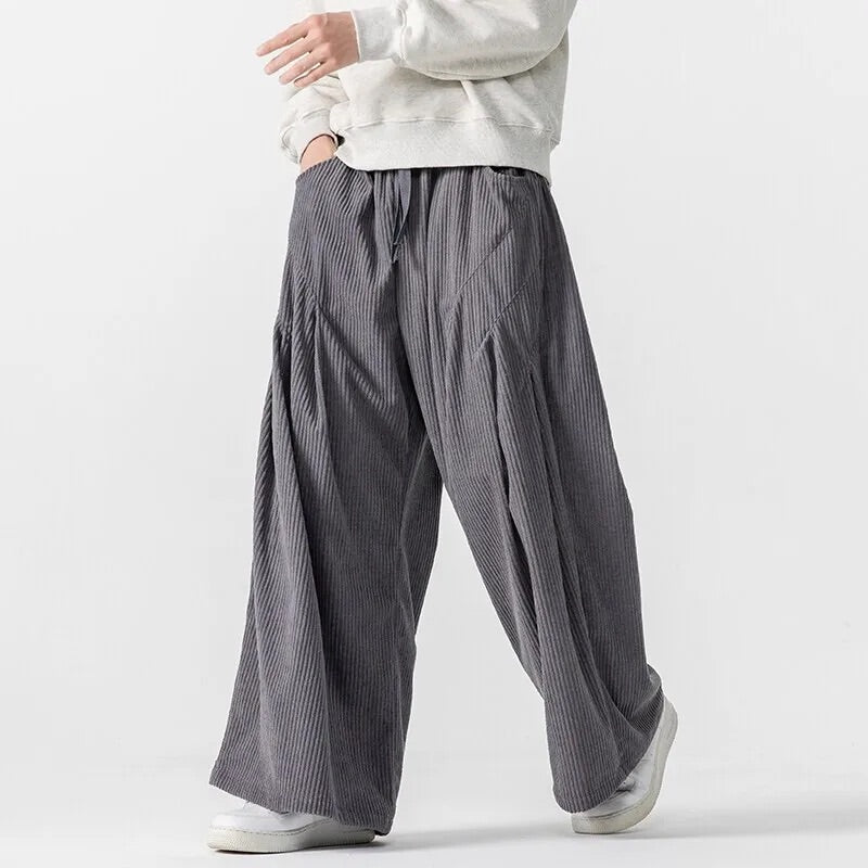 Men's wide leg ribbed drawstring pants in neutral tone, relaxed casual fit with breathable fabric
