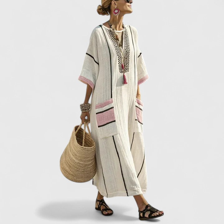 Sage | Women's V-Neck Striped Linen Maxi Dress with Pockets