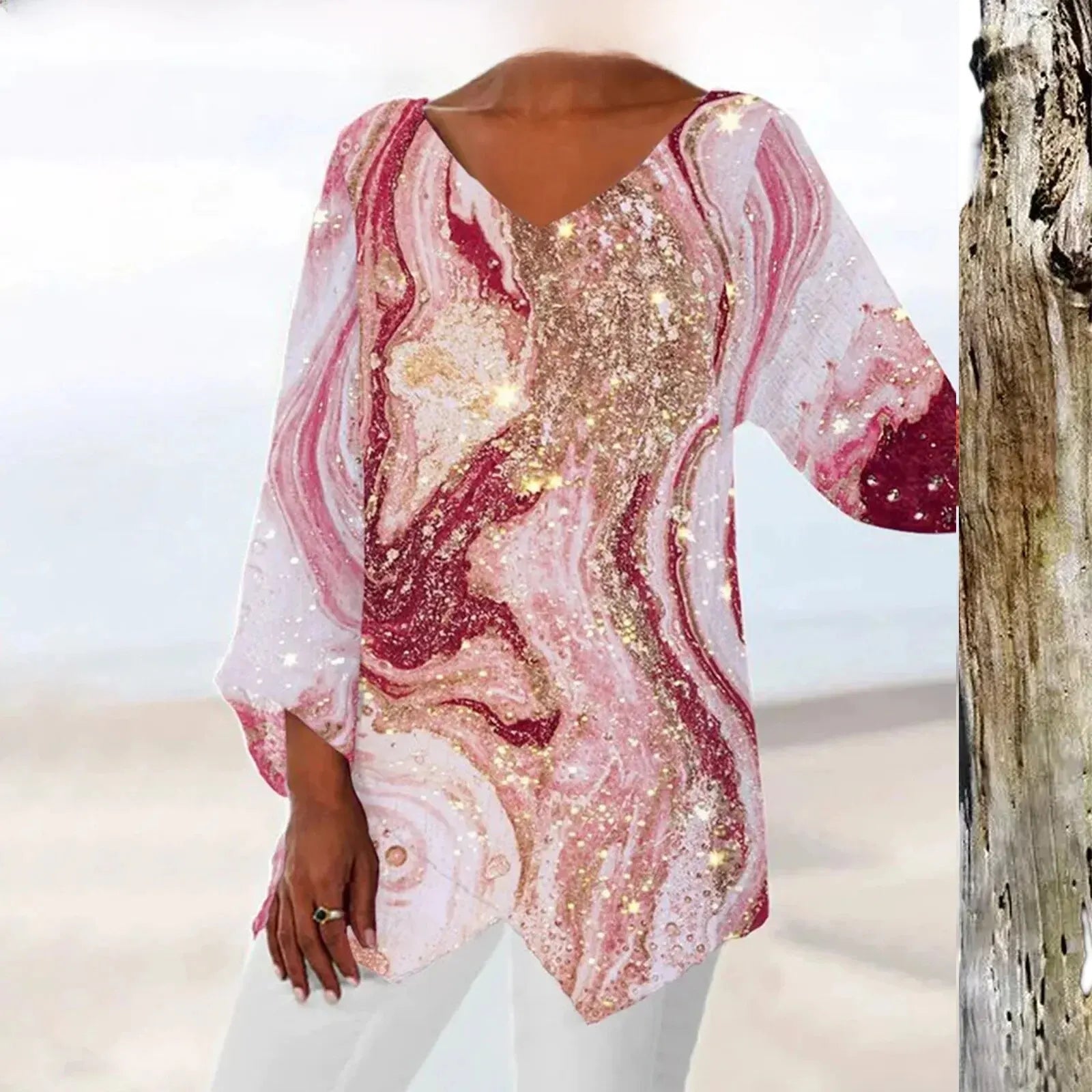 Women's vintage V-neck long sleeve top with elegant print, lightweight breathable fabric, classic fit