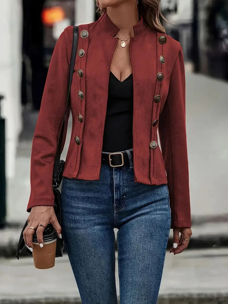Women's black velvet double-breasted cropped jacket with tailored fit and decorative buttons
