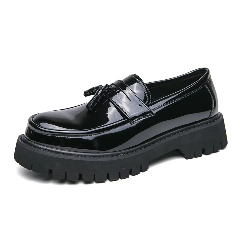 Men's black platform leather loafers slip-on formal dress shoes with thick rubber sole for business