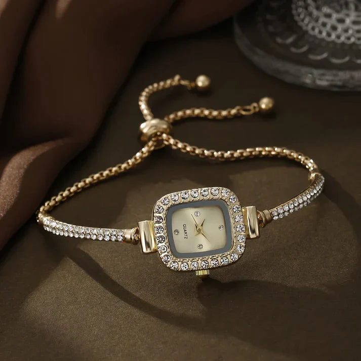Women's Isla square face wristwatch with rhinestone embellishments and adjustable slider clasp bracelet band