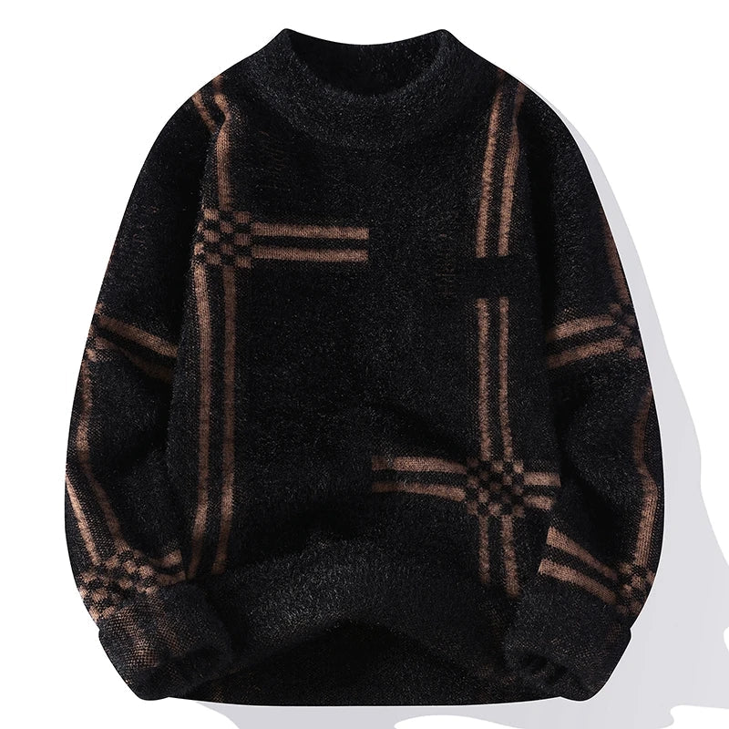 Women's fuzzy knit plaid sweater in cozy relaxed fit with soft textured warmth for effortless layering