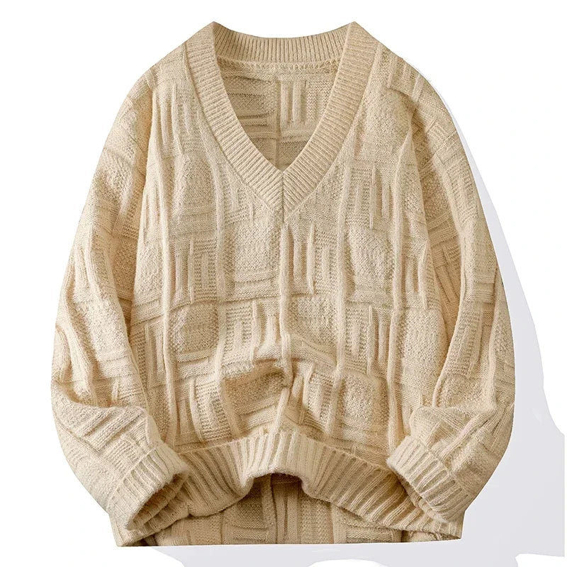 Cream textured geometric knit V-neck sweater relaxed fit unisex premium comfort layering