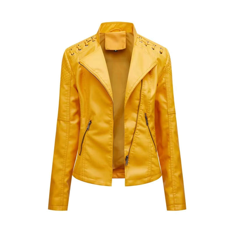 Women's black PU leather motorcycle jacket slim fit short cut with bold front zipper closure