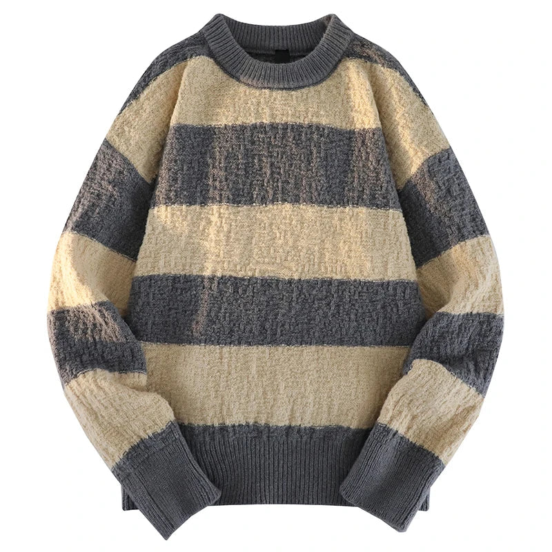Men's black and white broad stripe knit sweater, oversized relaxed fit streetwear layering essential