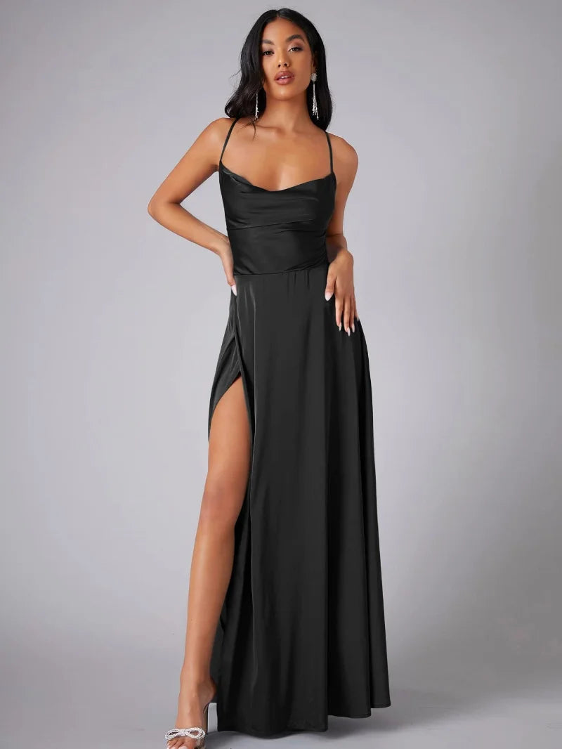 Elegant satin evening dress with draped neckline, spaghetti straps, and sleek long silhouette