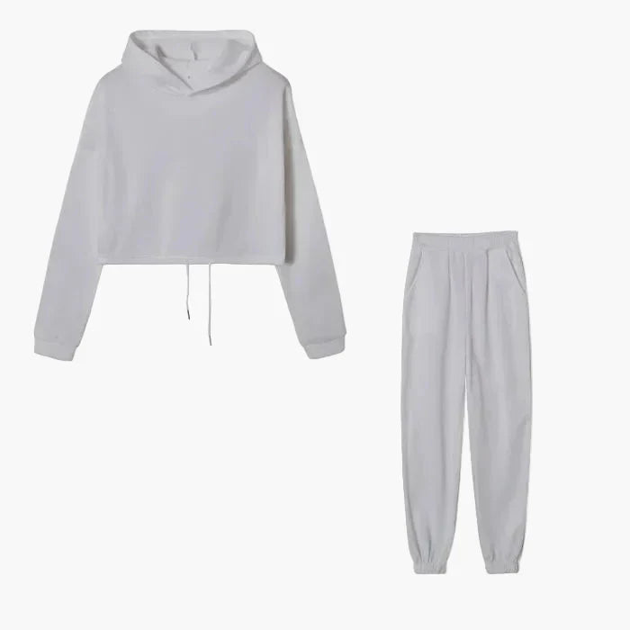 Women's two-piece lounge set cropped hoodie and joggers cozy streetwear coordinated casual comfort