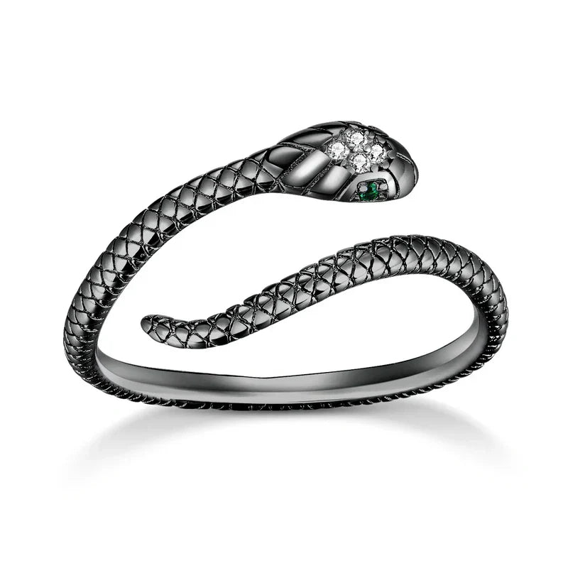 Sterling silver adjustable serpent ring platinum-plated with green zircon eye bold gothic statement jewelry