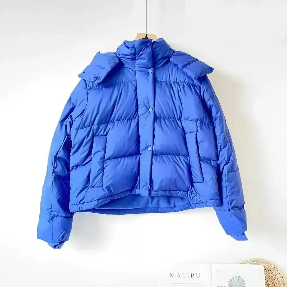 Women's thickened puffer coat black detachable hood winter down jacket urban chic slim fit