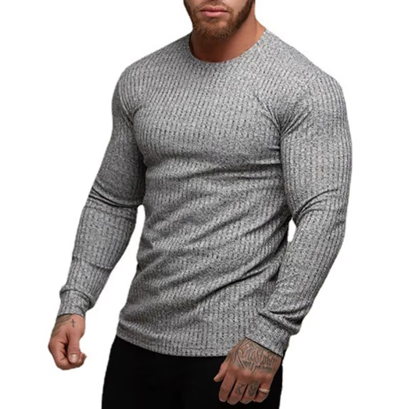 Men's gray long sleeve quick-dry knit fitness shirt moisture-wicking athletic top for autumn workouts