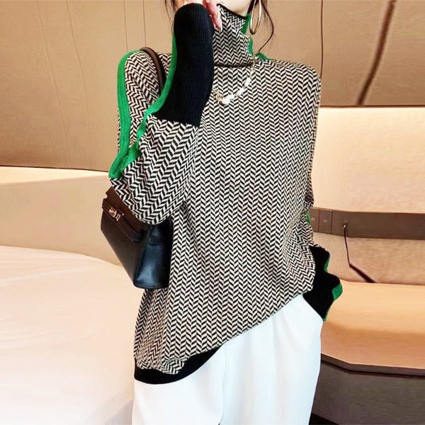 Women's green black patterned turtleneck sweater relaxed fit with contrast trim woven knit design