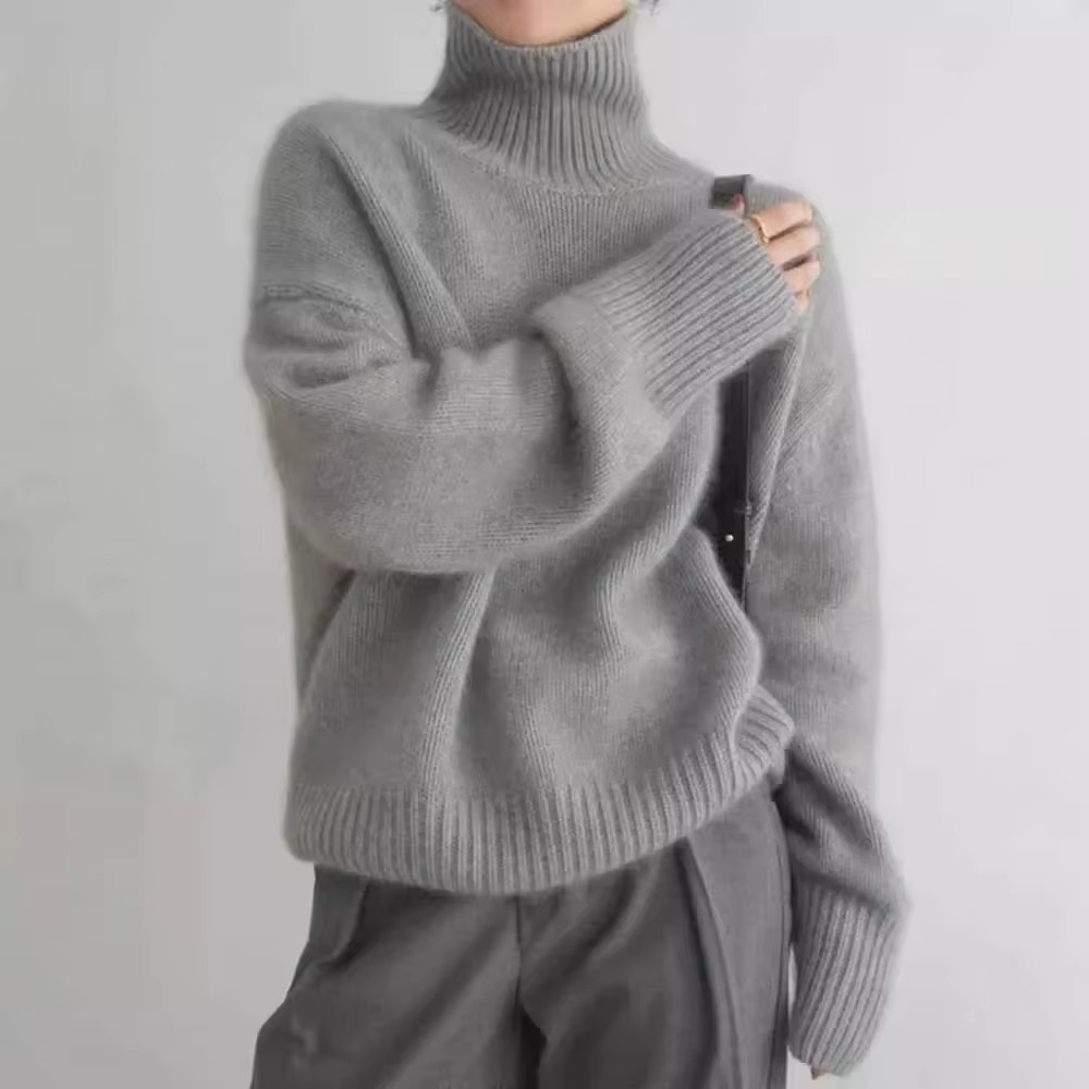 Women's high neck loose fit knit sweater long sleeve pullover cozy warm autumn style