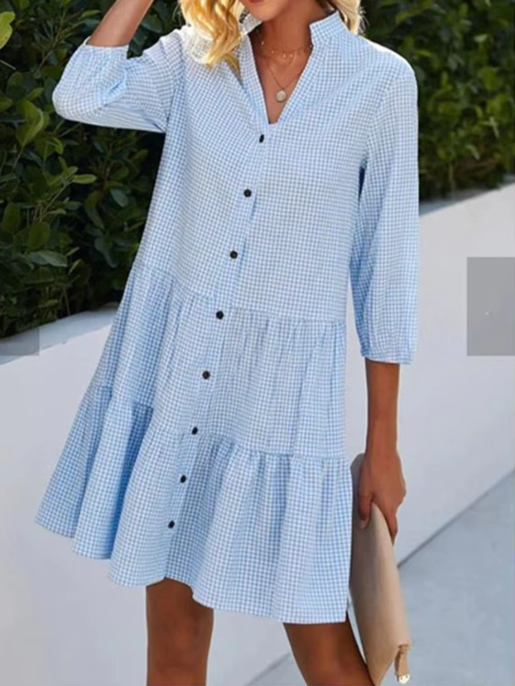 Women's plaid V-neck shirt dress long sleeve lightweight versatile fall spring layering style