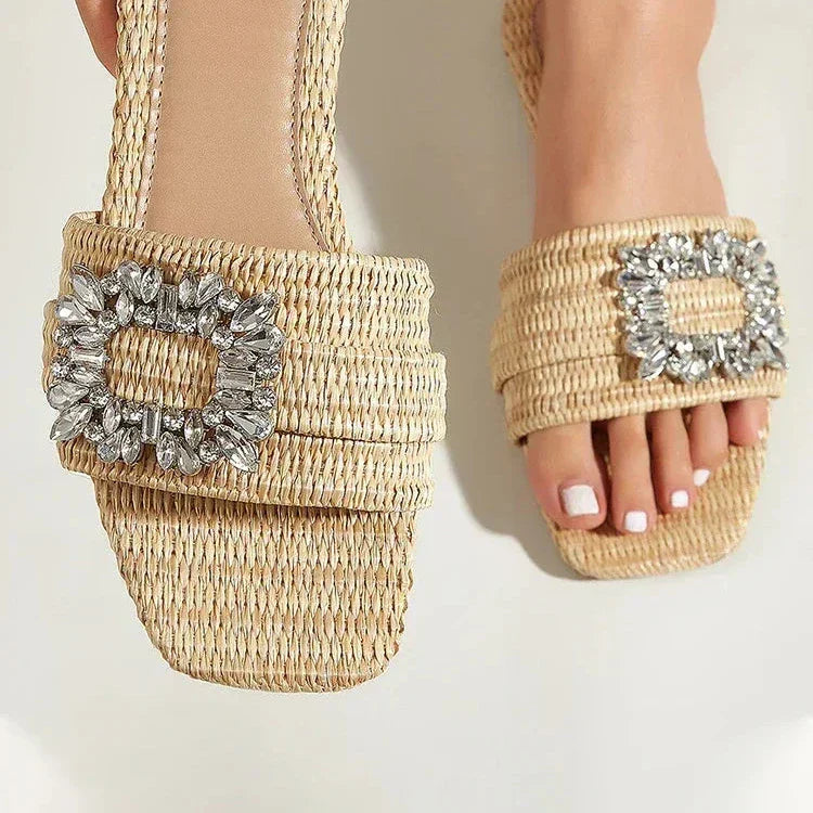 Women's square-toe crystal flats handwoven cane knit sparkle lightweight resort-inspired comfort style