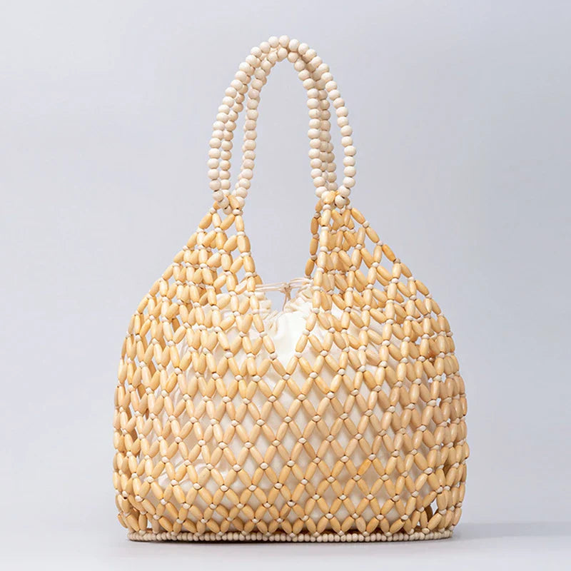 Urbann-Vibe Ava woven tote bag natural wooden beaded handcrafted summer handbag for women