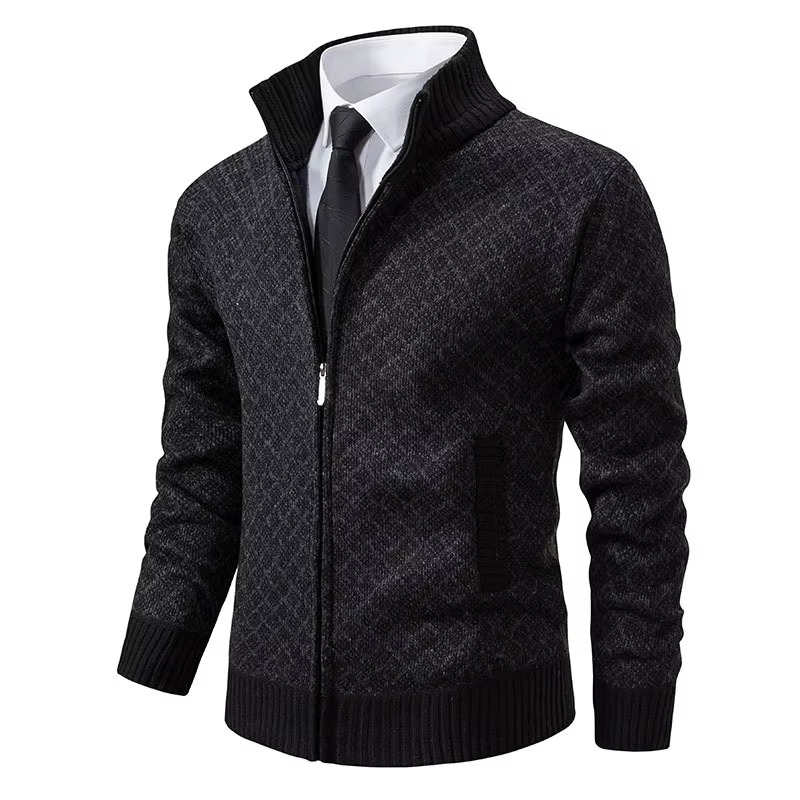 Men's lightweight knitted zip-up cardigan sweater with stand collar, casual versatile everyday style
