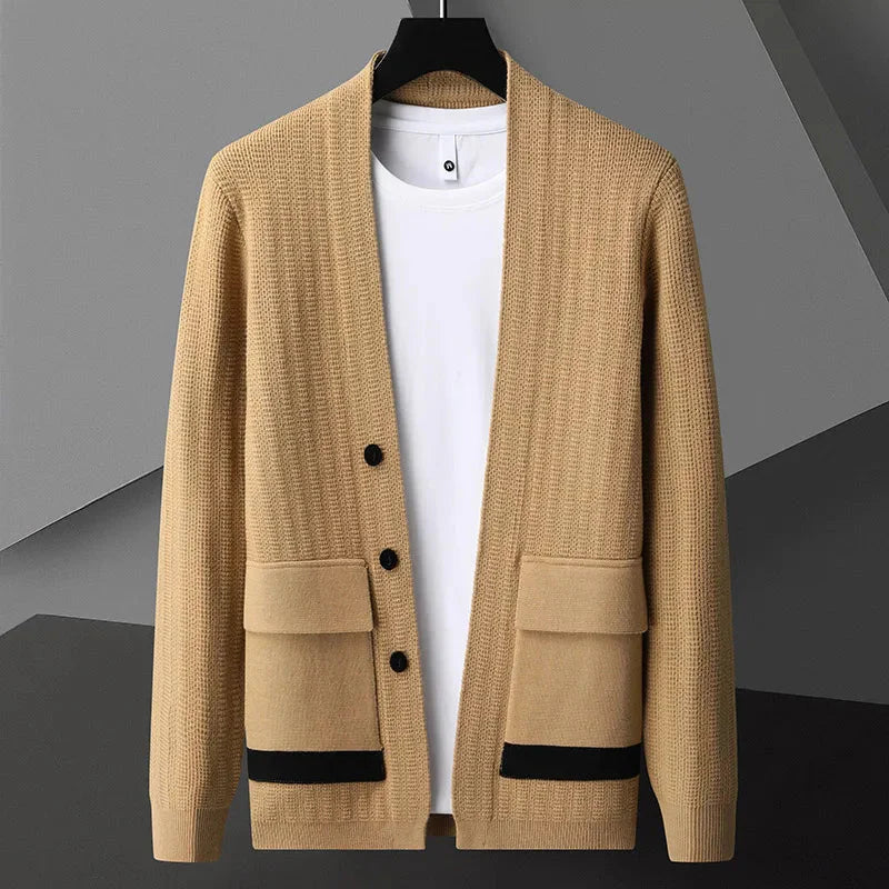 Men's ribbed wool cardigan relaxed fit, cozy casual knit with natural warmth texture