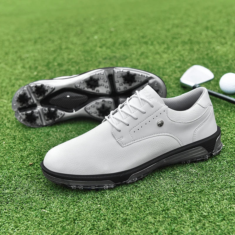 Men's leather golf shoes wide fit spiked cleats waterproof breathable stable traction tan brown