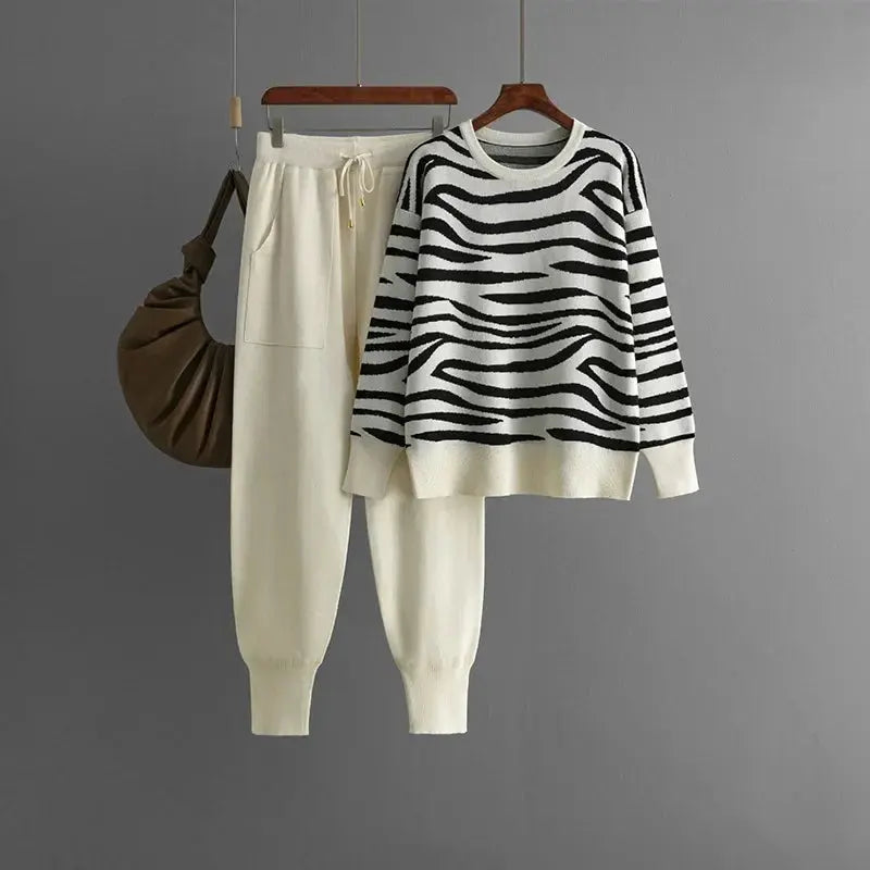 Harper cashmere knit lounge set zebra pattern ultra-soft matching top and pants with ribbed cuffs