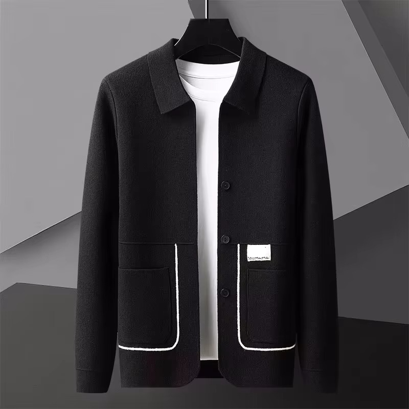 Men's gray premium knitted cardigan minimalist fall winter style with ribbed texture and clean silhouette