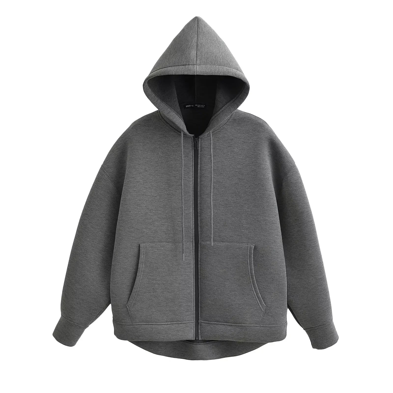 Women's relaxed fit zip-up hoodie in neutral tone with full-length zipper for everyday layering warmth