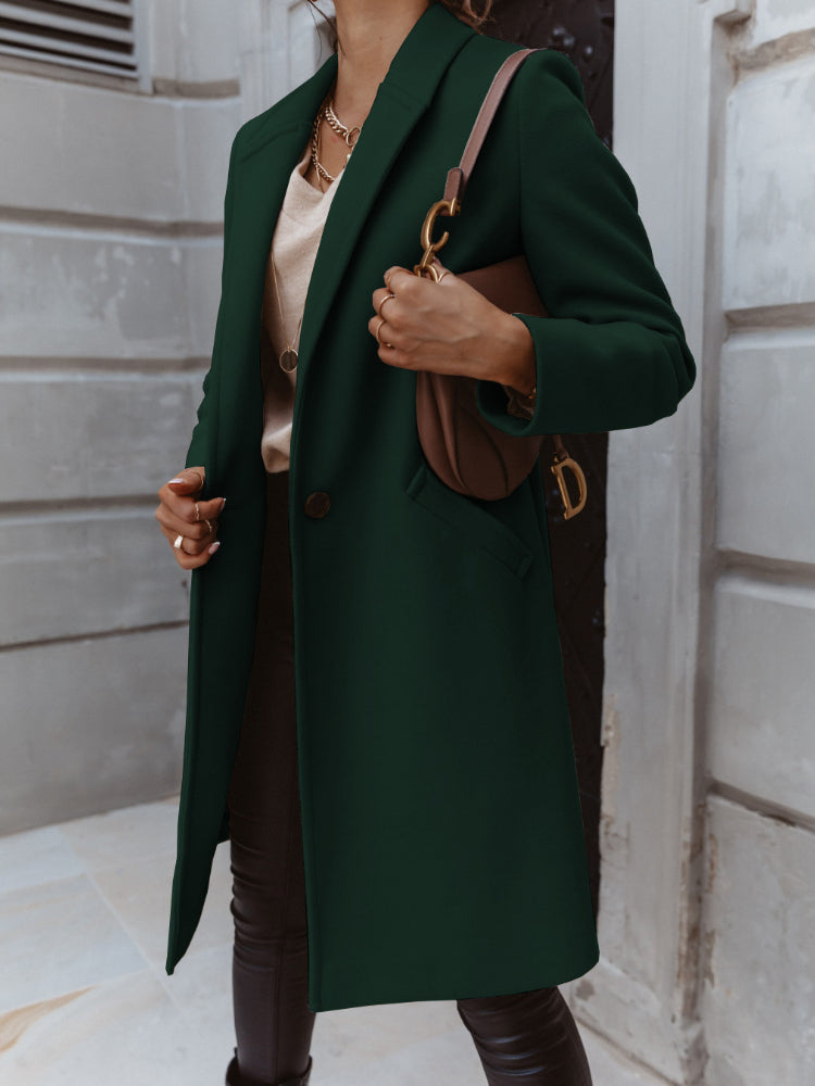 Women's double-breasted long coat structured tailored silhouette elegant formal outerwear classic closure