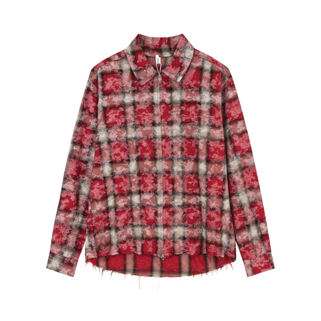 Men's bleached plaid cotton zipper shirt with raw edges and weathered distressed finish