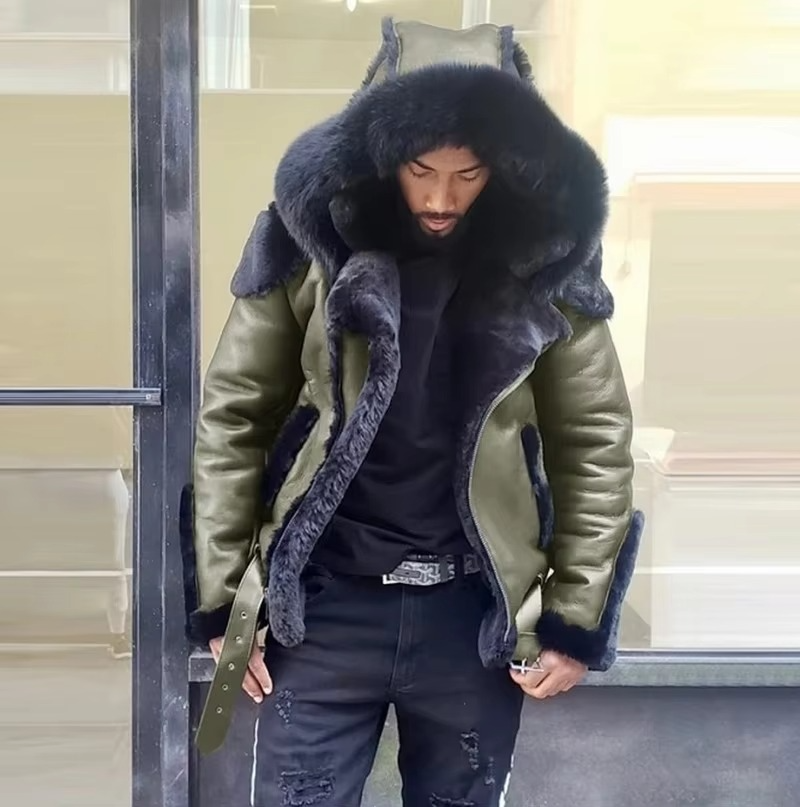 Men's black heavyweight leather jacket with faux fur collar and wool lining for winter warmth