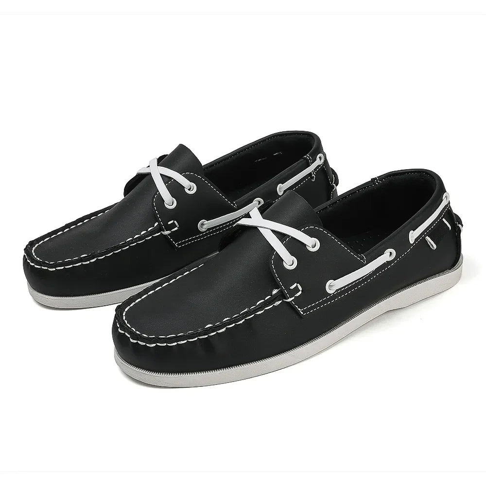 Men's two-tone navy boat shoes slip-on synthetic leather upper cushioned EVA foam sole