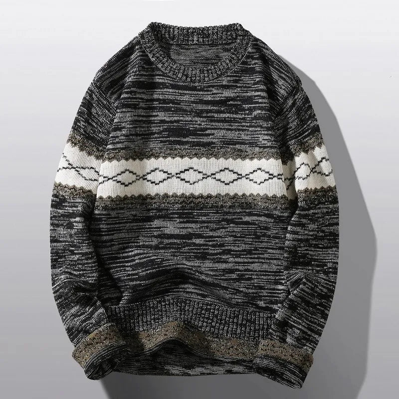 Nordic knit sweater with bold chest stripe, warm layering piece in timeless winter style
