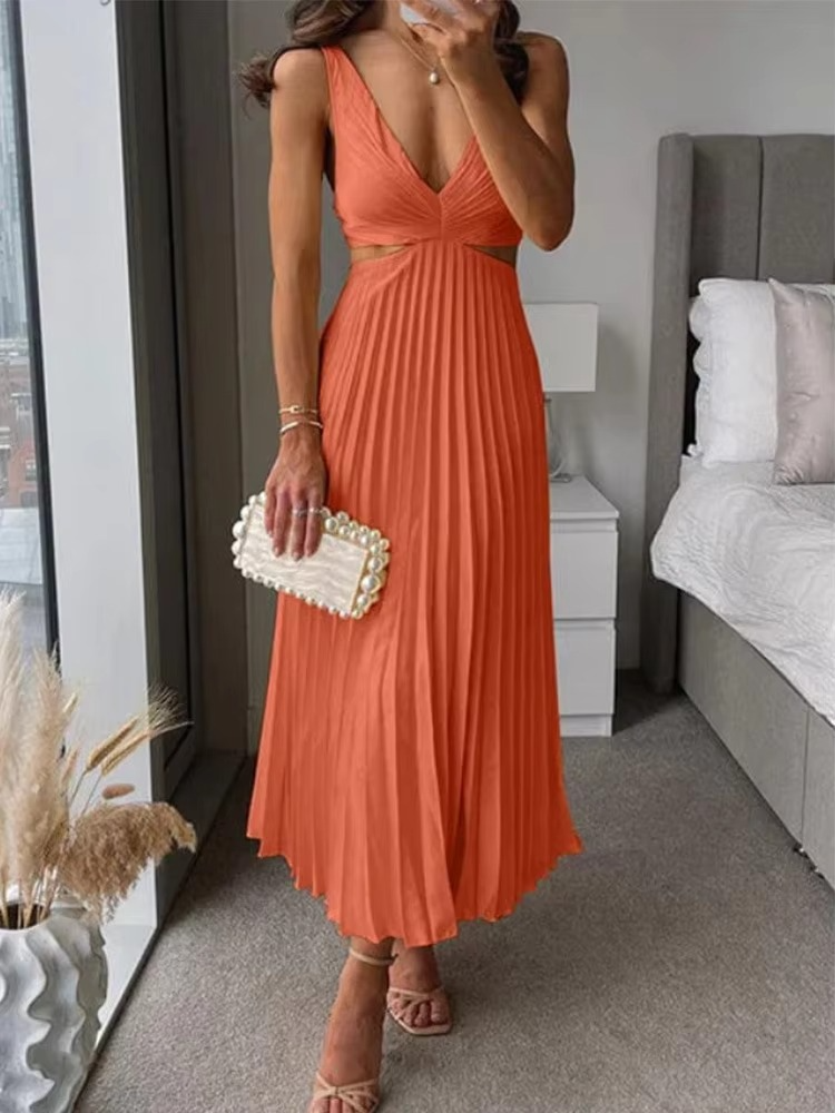 Sleeveless maxi dress deep V neck pleated high waist breathable soft fabric summer women